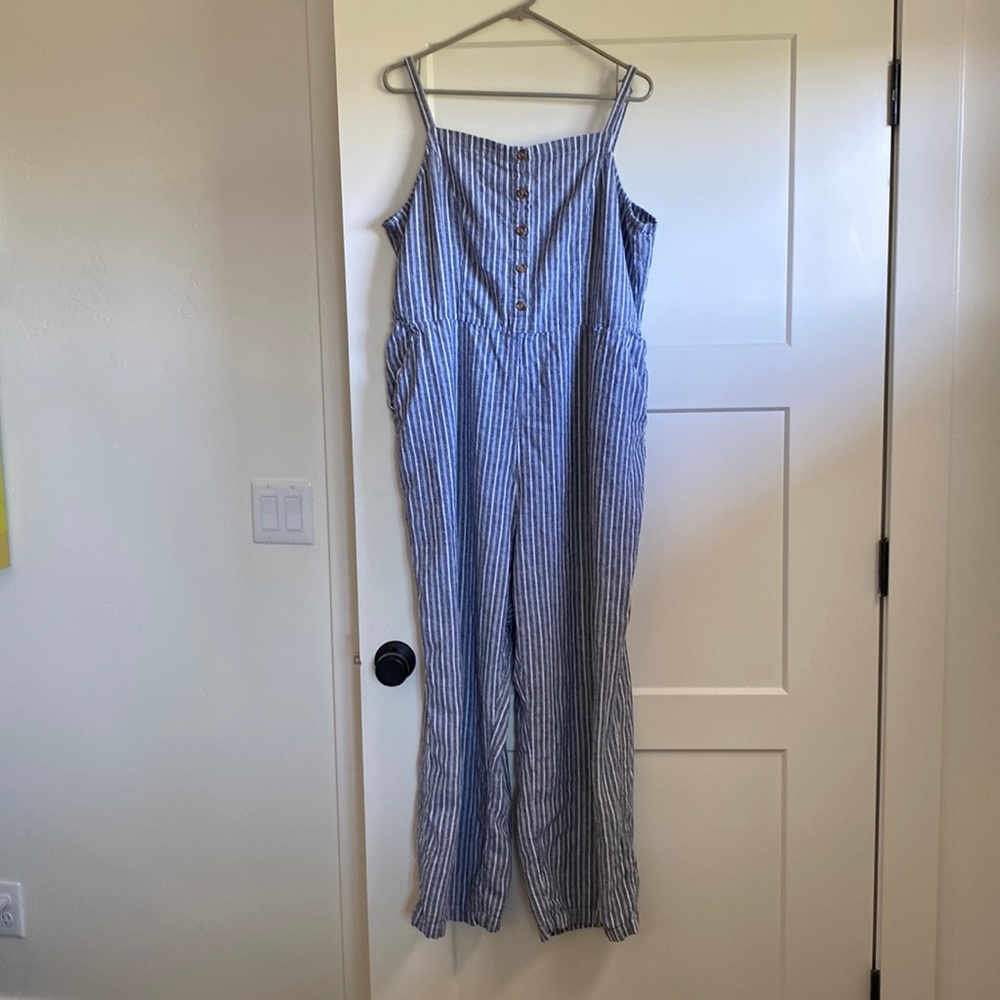 Blue and white pinstripe jumpsuit with pockets